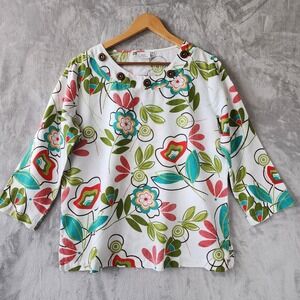 Hot Cotton Top Womens Size Medium Linen Blend Colorful Artsy Buttons Flowers